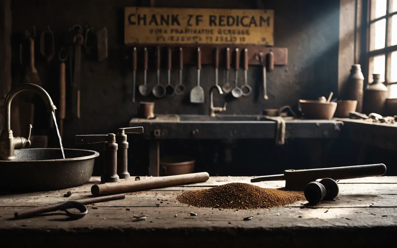 Photorealistic close-up of an old wooden workbench with scattered rusty tools, a leaking faucet in the background, dramatic side lighting highlighting dust motes and textures, cinematic depth of field