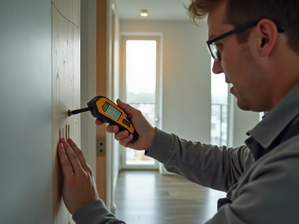 Photorealistic image of a professional inspector using moisture meter tools on interior wall panels in modern apartment building.