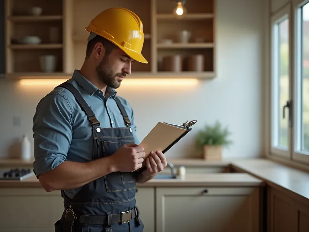 Professional craftsman in workwear holding a clipboard while inspecting a modern kitchen installation with focused lighting.