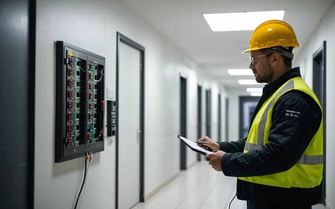 Professional electrician wearing safety gear checking an electrical panel in a modern residential building hallway, bright fluorescent lighting reflecting off metal boxes, serious focused expression on face