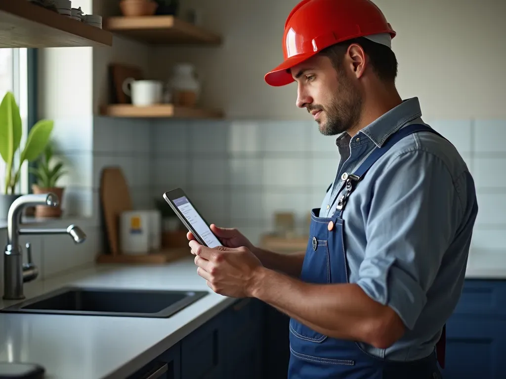 Professional plumber holding digital tablet showing maintenance checklist in modern well-lit kitchen workspace.