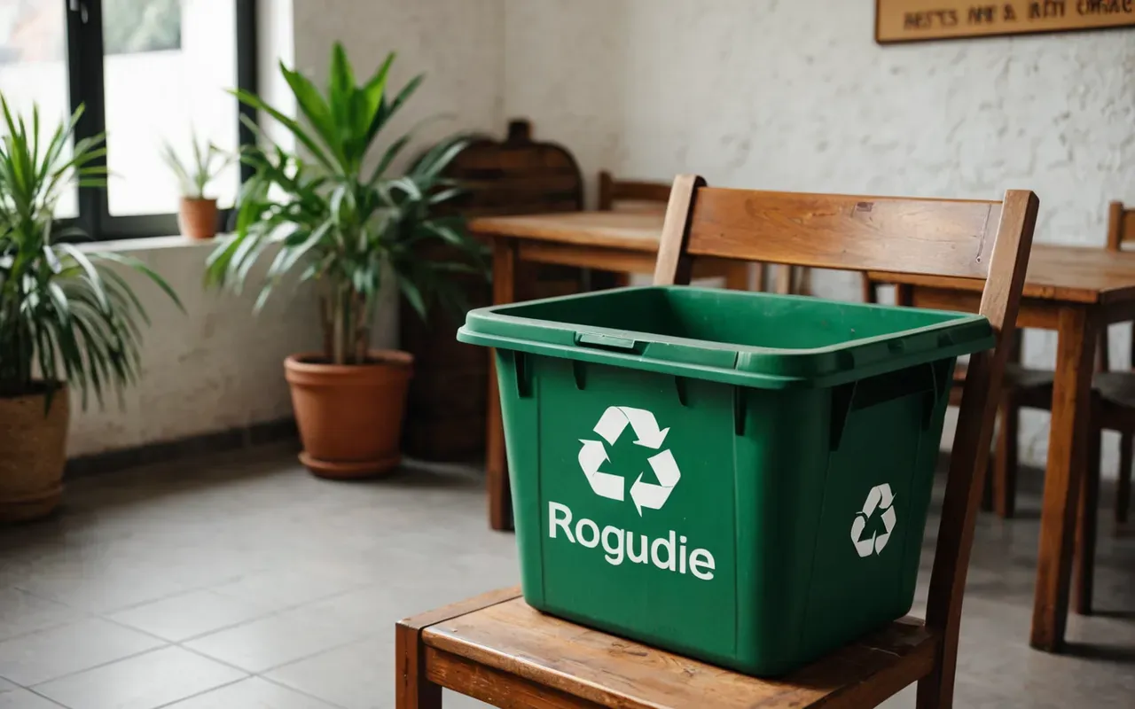 Recycling bin next to repaired wooden chair in bright eco-friendly room with plants symbolizing sustainability and reuse concept clean aesthetic