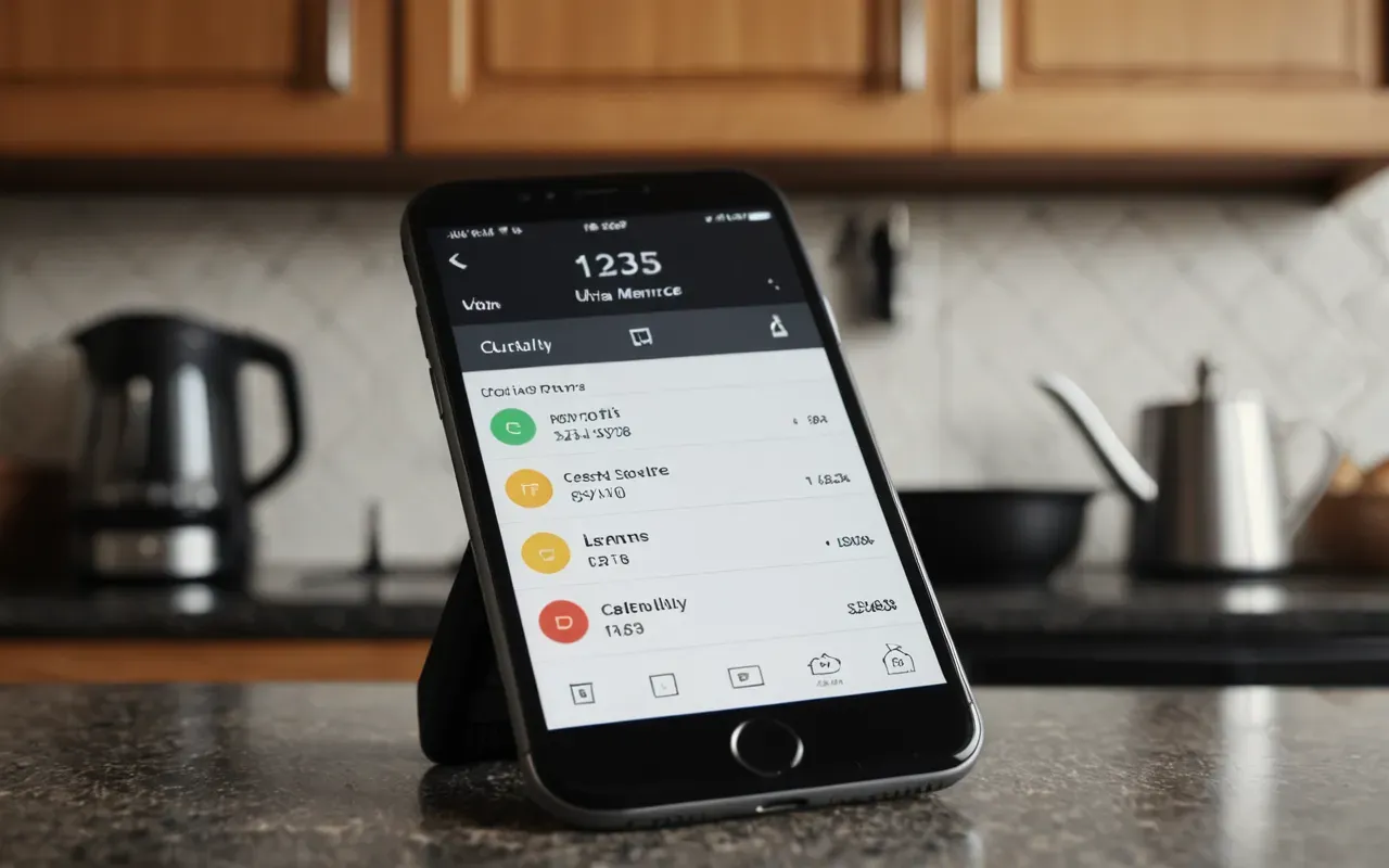 Smartphone screen displaying home maintenance app interface with checklist and sensor data graphs on kitchen counter background blurred softly lit