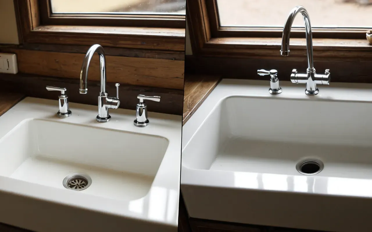 Split screen composition showing left side clean well-maintained white kitchen sink with shining chrome faucet and right side dirty neglected yellowish stained drain area with visible grime buildup contrast lighting editorial style photography