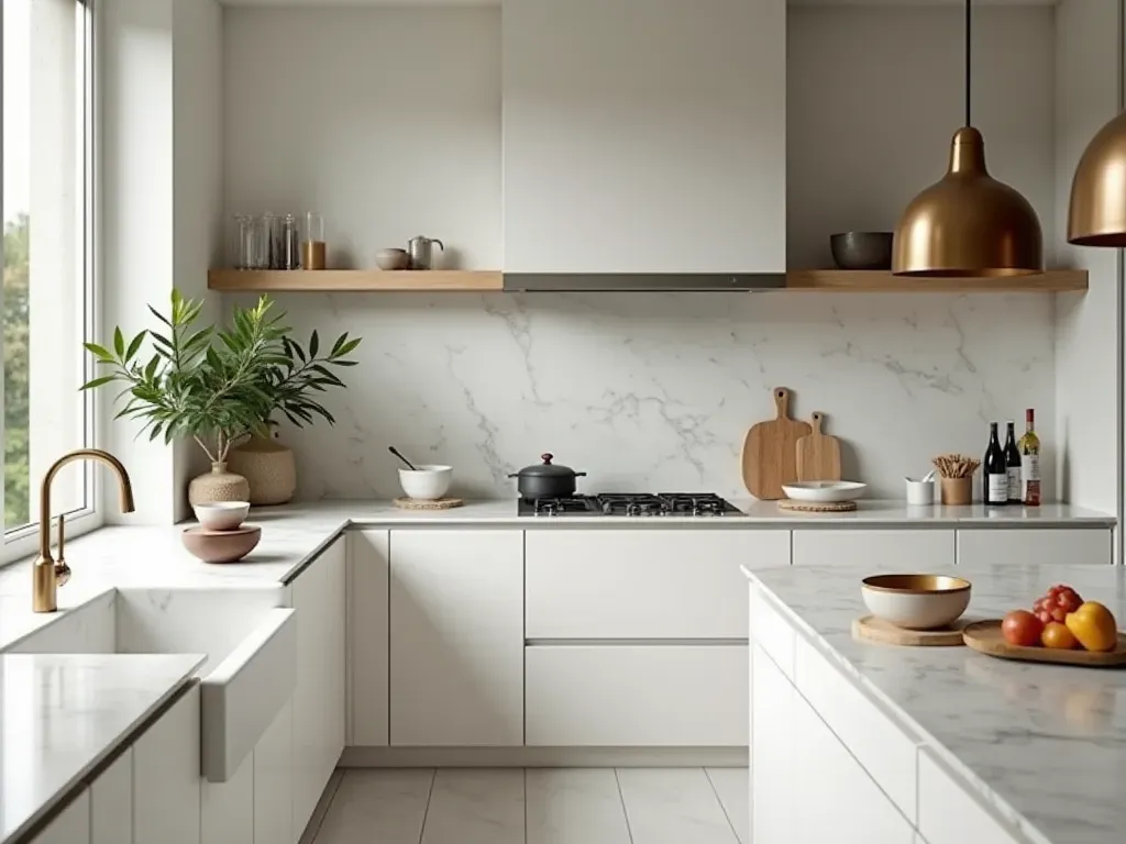 reparaciones hogar barcelona Wide editorial photograph of a modern minimalist kitchen interior with marble countertops, brushed brass fixtures, soft natural daylight, editorial photography