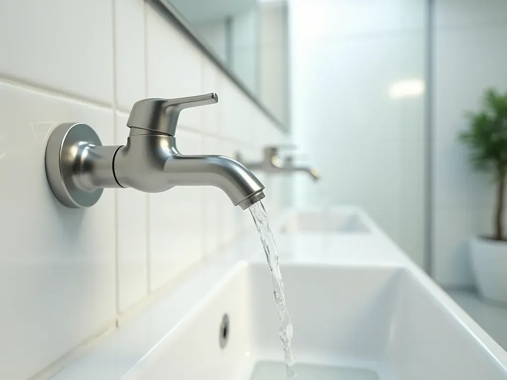 Wide shot of a modern bathroom with white porcelain tiles and brushed nickel fixtures where clean water flows from a faucet in bright daylight