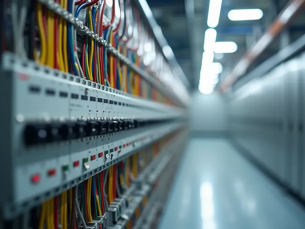 Wide shot of a modern electrical distribution board with neat rows of circuit breakers and color-coded wires in a clean utility room.