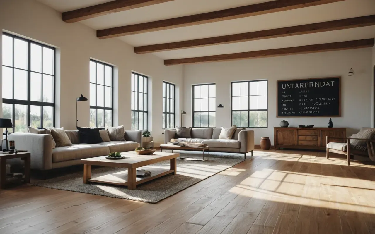 mantenimiento hogar Wide shot of a modern living room interior with light wooden floors and neutral furniture, soft afternoon sunlight streaming through large windows, clean contemporary design without any text or decorative signage visible in the frame
