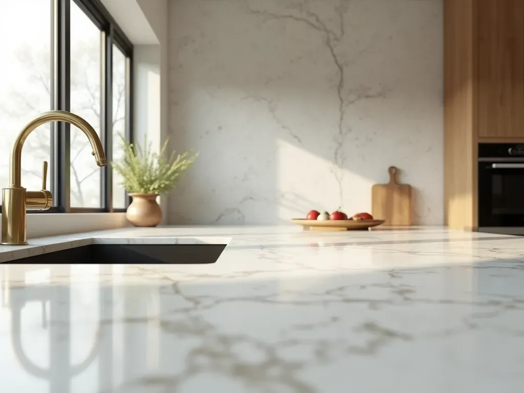 mantenimiento vivienda barcelona Wide shot of a modern minimalist kitchen interior with marble countertops, brushed brass fixtures, soft natural daylight, editorial photography