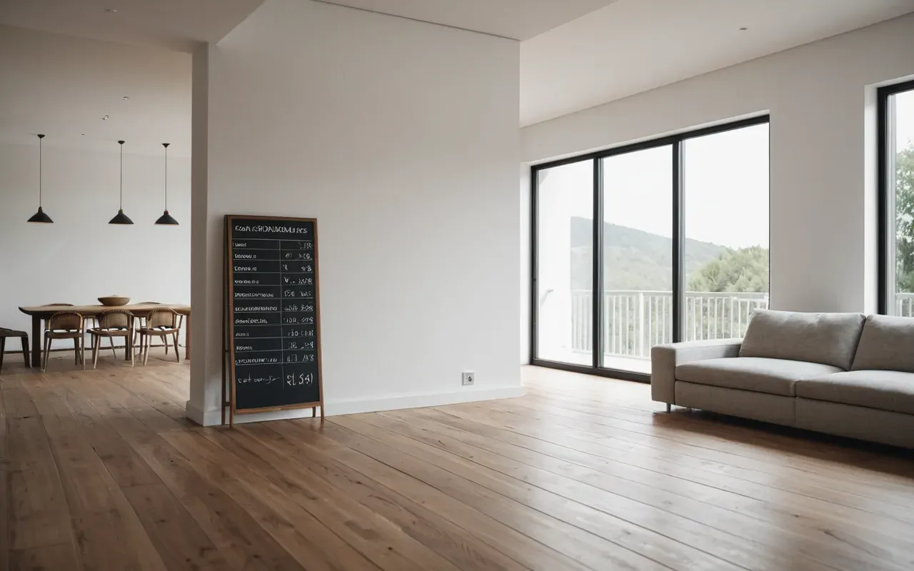 interior moderno Wide shot of a modern minimalist living room with large windows, soft natural daylight illuminating clean white walls and wooden flooring, neutral color palette, architectural photography style without any visible text or people.
