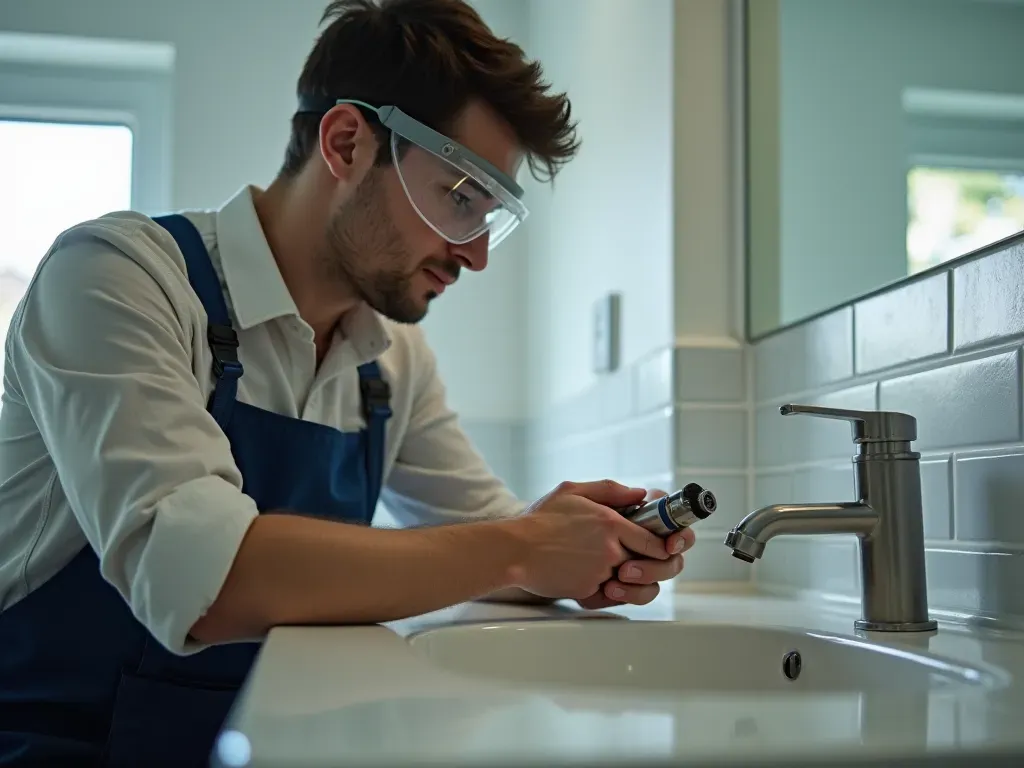 Young adult man wearing safety goggles carefully tightening faucet handle with adjustable wrench in clean modern bathroom.
