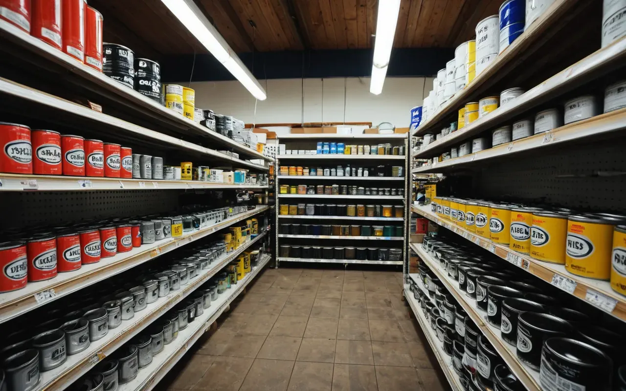 A busy hardware store interior with shelves full of paint cans and tools, a customer looking at wooden planks under bright fluorescent lights.