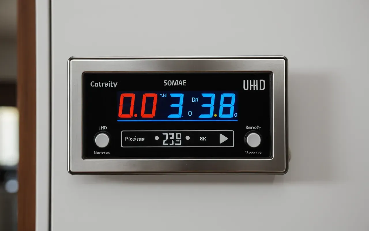 A close-up of a digital thermometer displaying a temperature reading near an electrical panel. The background is blurred showing modern home appliances.