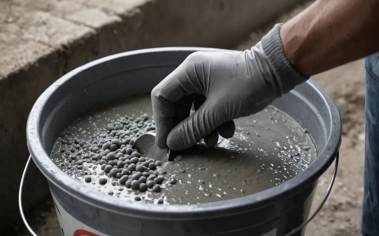 A close-up of a gloved hand mixing gray cement paste in a plastic bucket with a trowel showing smooth creamy texture and small bubbles under natural light.