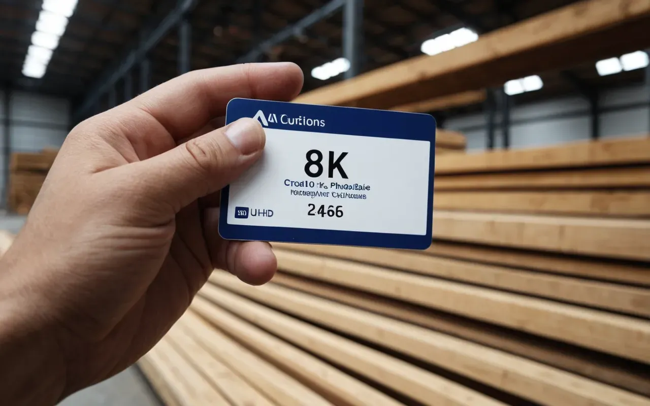 A close-up of a hand holding a modern digital card over a pile of wooden construction materials in a well-lit warehouse setting.