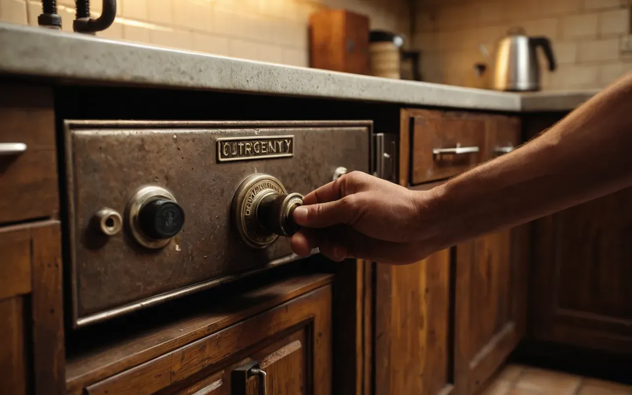 A close-up of a hand turning off an old water valve under a wooden cabinet in a modern kitchen. Warm lighting highlights the metallic texture and rust details.