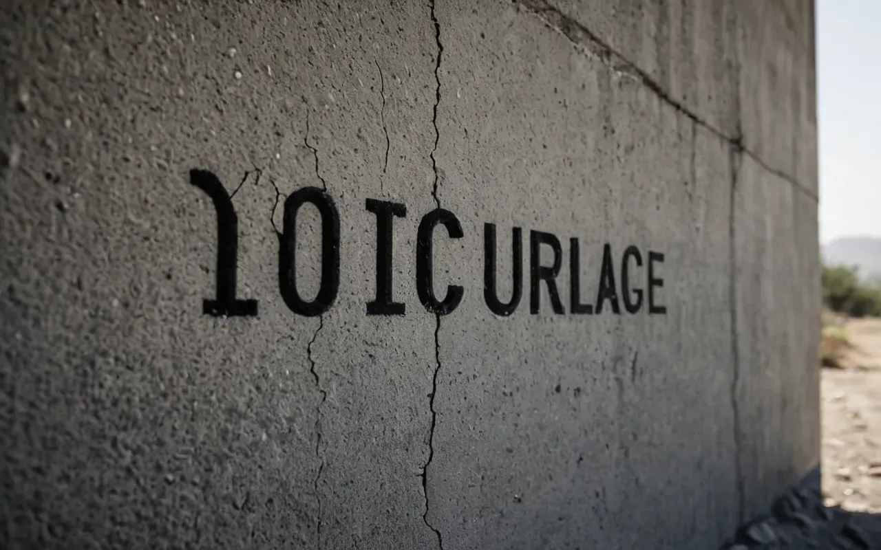 A close-up of a large crack spreading across a concrete wall with dust falling from the edges in natural light.