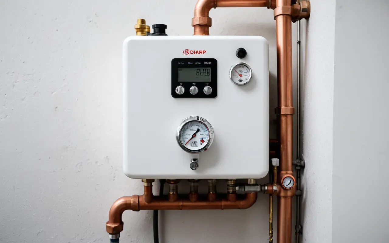 A close-up of a modern white boiler installed on a plain wall with visible copper pipes and pressure gauge. A hand holds a wrench near the valve. Soft natural light from an open window highlights the metallic textures and clean lines.