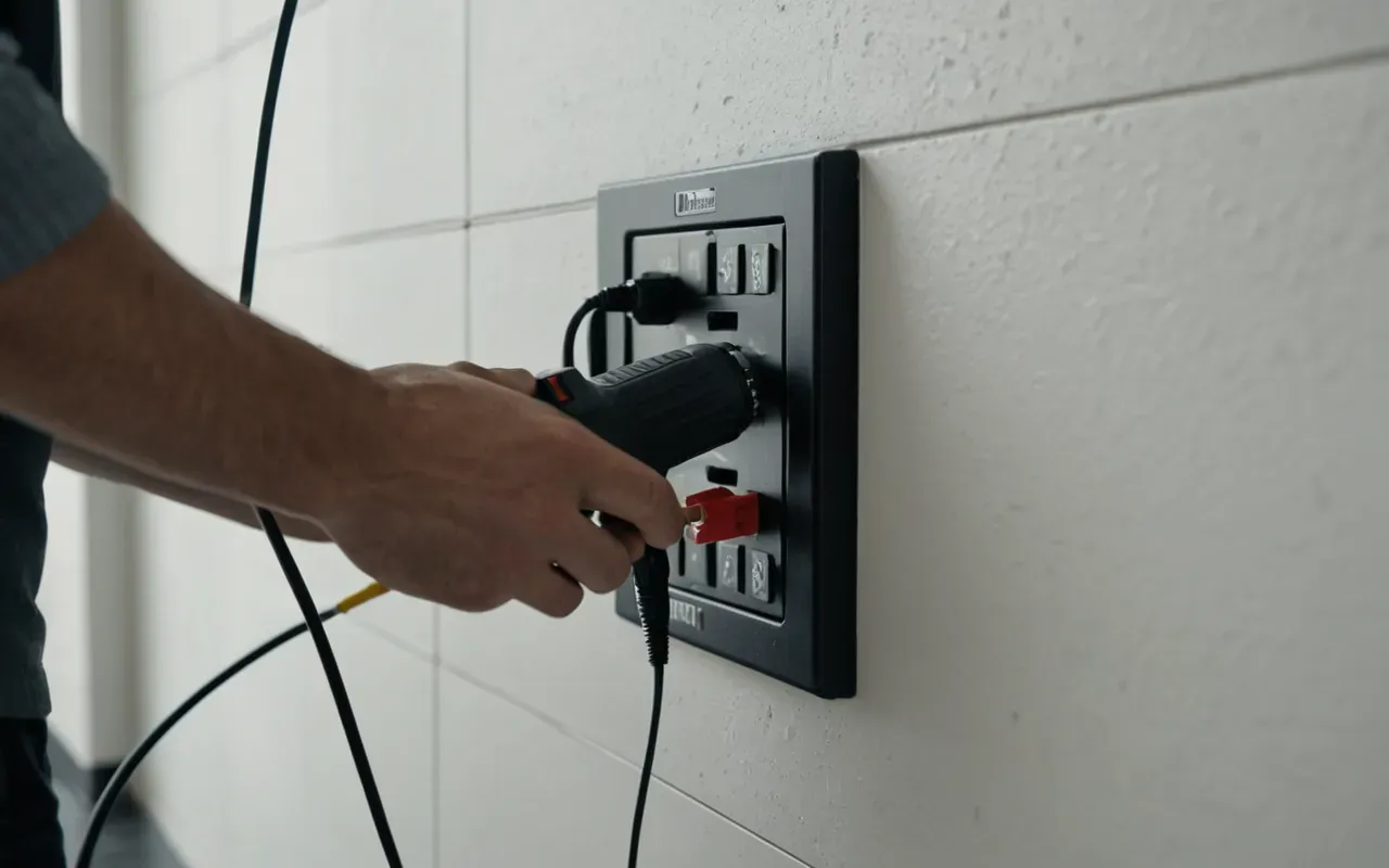 A close-up of a person's hands holding an electrical screwdriver near an open wall panel with exposed wires in a modern kitchen setting.