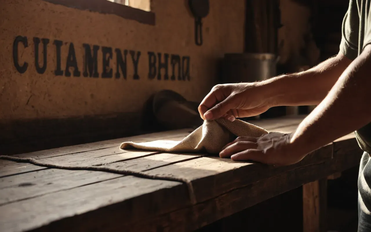 A close-up of hands polishing a wooden surface with a cloth in warm evening light creating cozy shadows on the workshop wall behind.