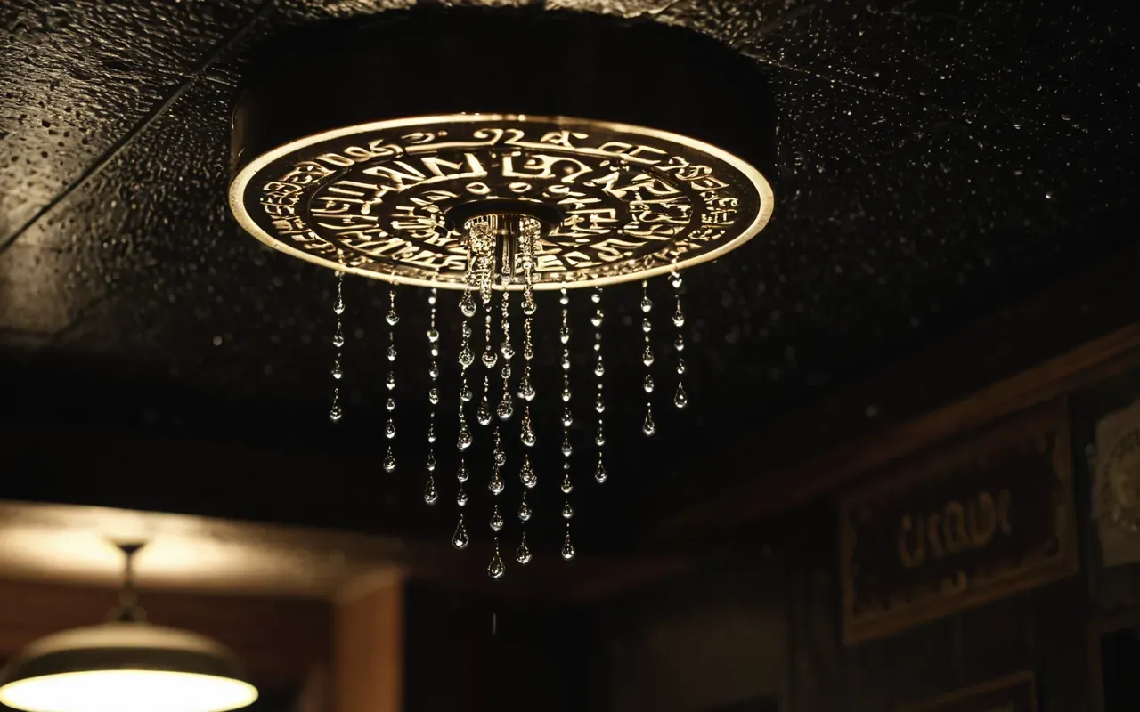A close-up of water droplets forming on the ceiling near a light fixture in a darkened room.