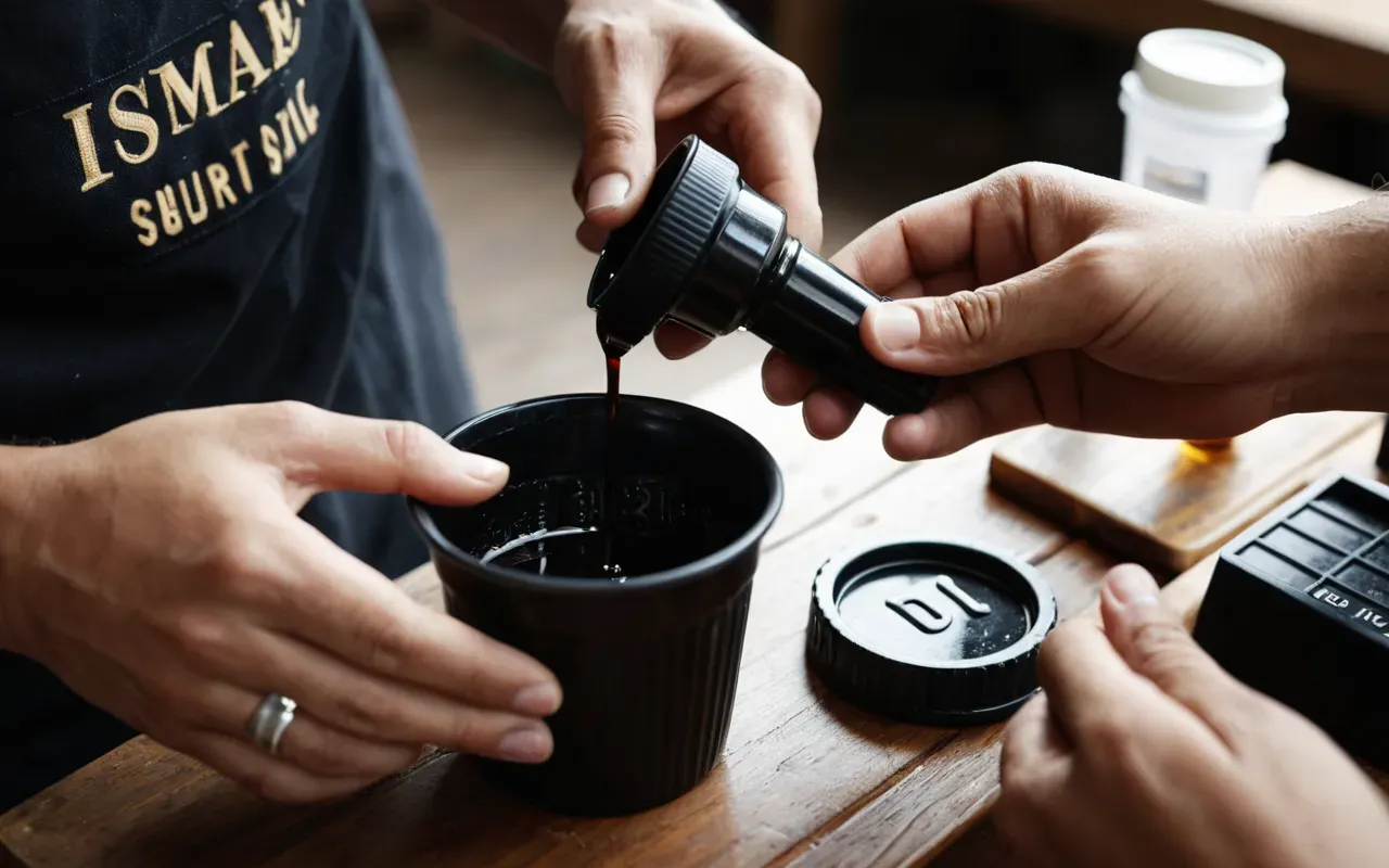A close-up photo of a pair of hands mixing two dark liquid components in a small plastic cup on a wooden workbench. The lighting is bright and natural from an open window. The focus is sharp on the mixing process.