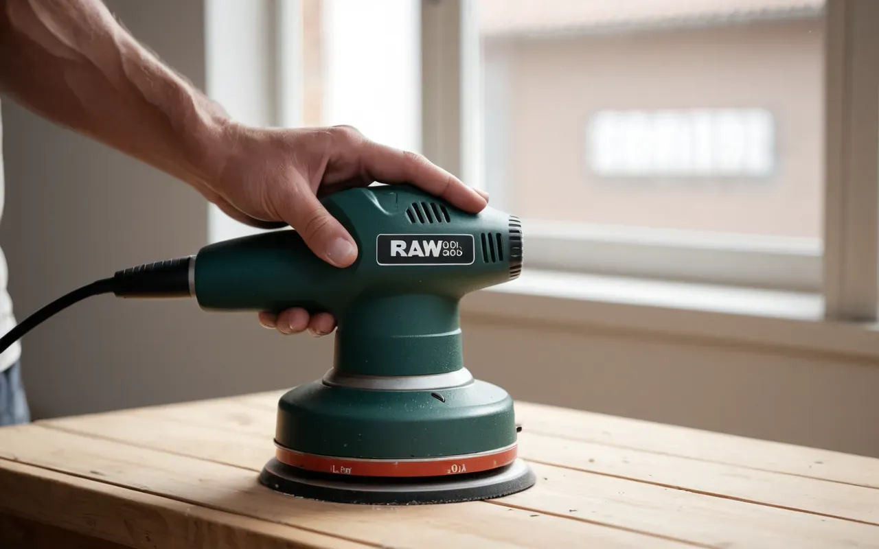 A close-up shot of a hand holding a compact orbital sander over a light wooden table surface in a bright workshop setting with soft natural lighting from a window.