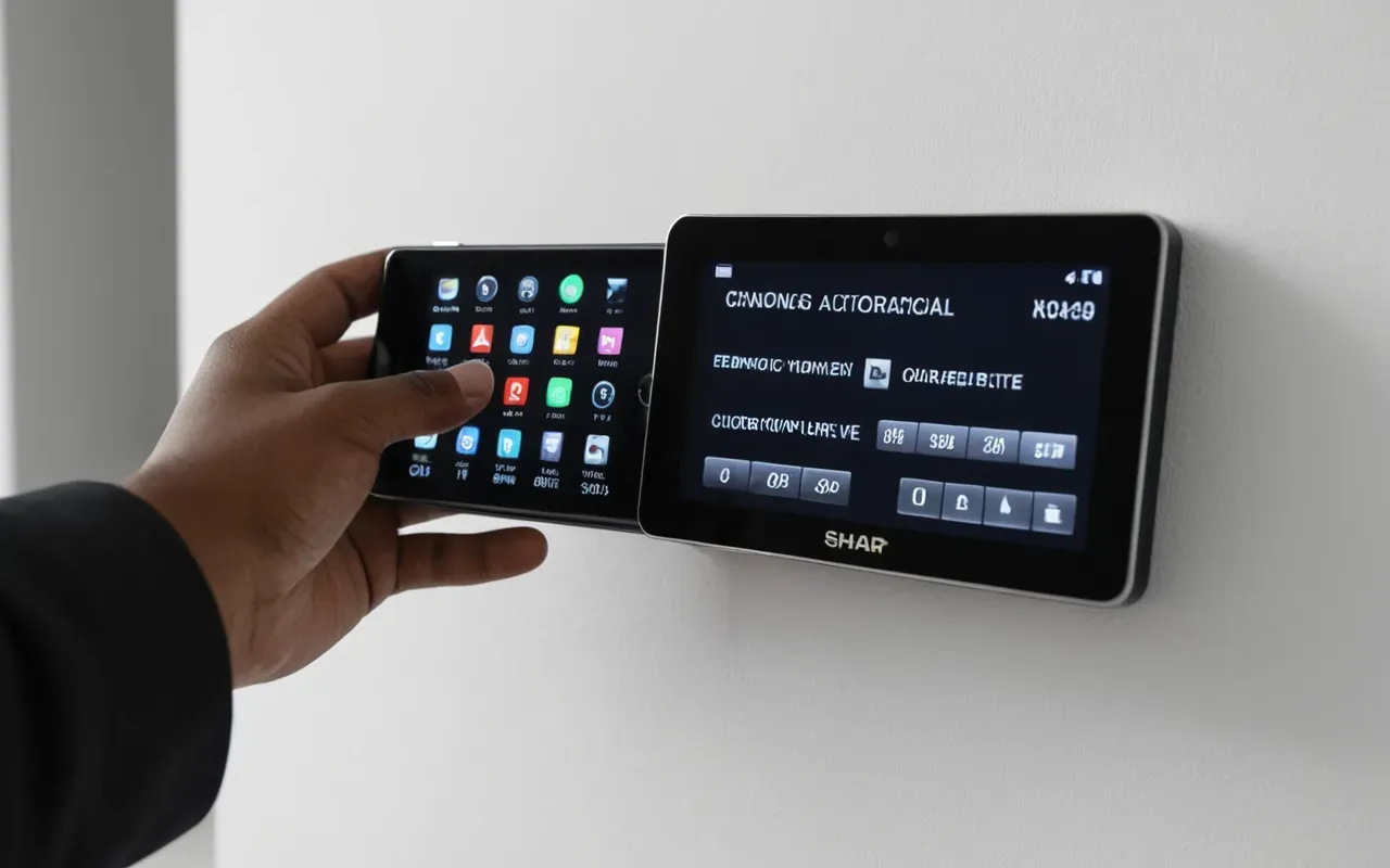 detector electrónico de precisión A close-up shot of a hand holding a modern black electronic device with a digital screen and buttons, positioned near a white wall corner. The lighting is bright and clean, highlighting the texture of the plastic casing.