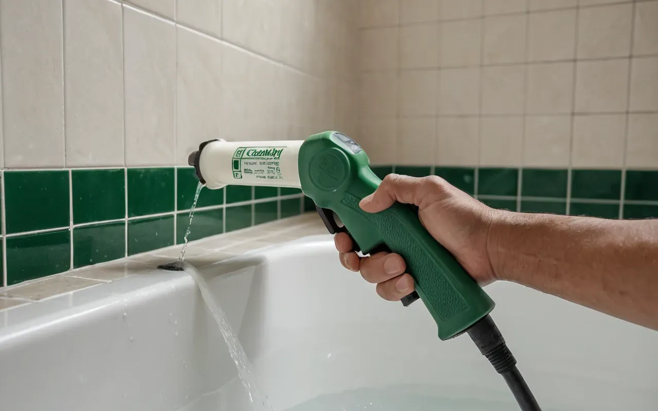A close up shot of a hand holding a green caulking gun applying white sealant along the joint between a bathtub and tiled wall in bright natural light.