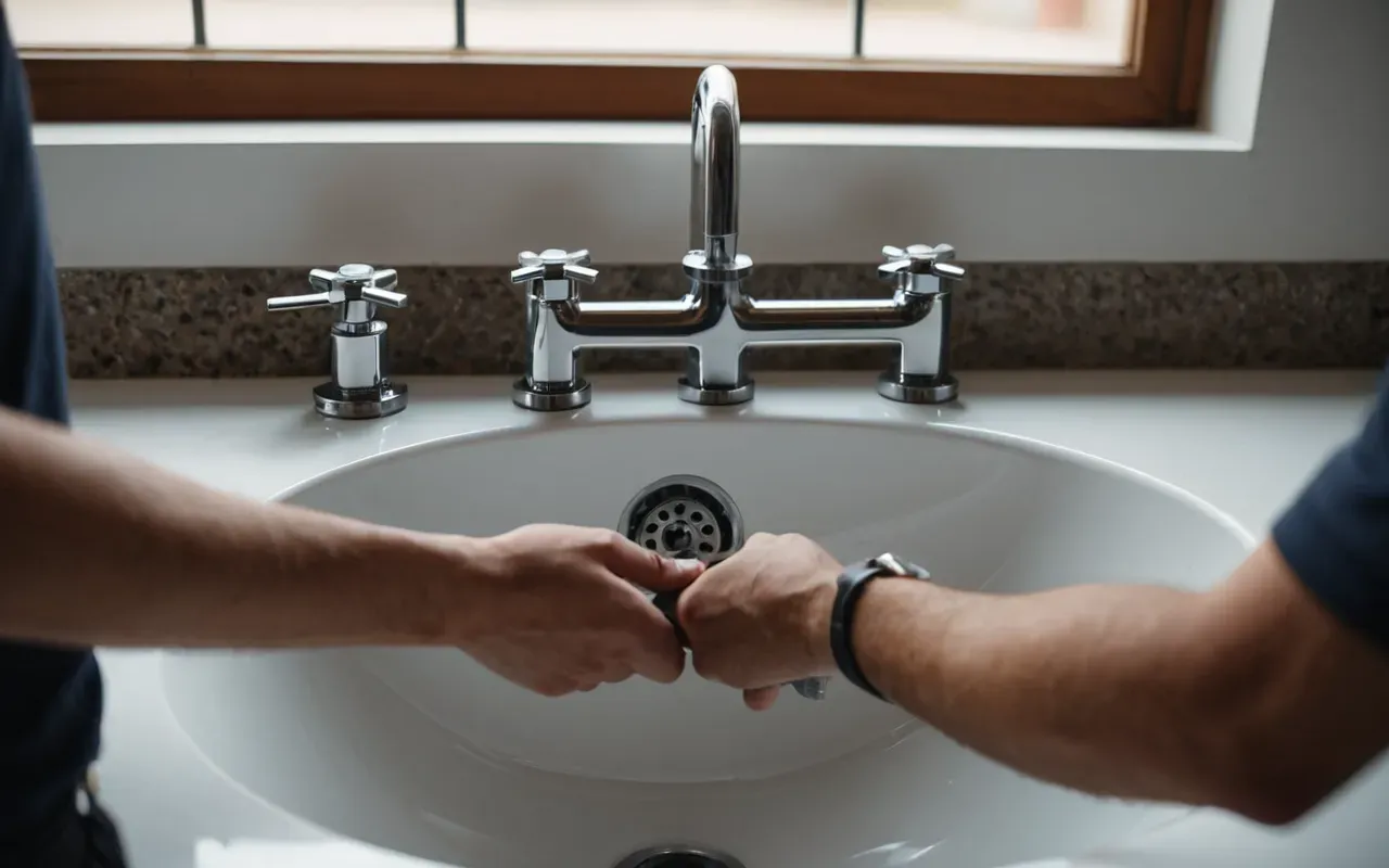 A close-up view of a modern bathroom sink area with visible plumbing pipes under the basin. A person's hands are using a wrench to tighten a connection point, showing careful maintenance work in progress.