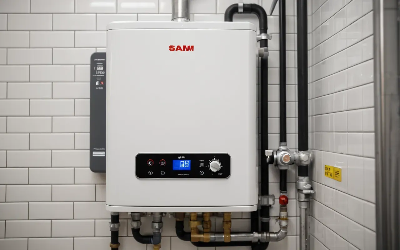 A close-up view of a modern white gas boiler mounted on a clean tiled wall in a bright utility room. The scene shows the metal pipes and connections clearly without any visible text or labels. Natural light from a nearby window highlights the smooth surfaces of the appliance.