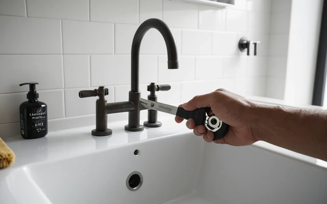 herramientas fontanería hogar A close up view of a pair of hands holding a specialized wrench tool near a white sink pipe in a bright modern bathroom. The lighting is soft and natural, highlighting the metallic texture of the tools and the clean ceramic surface.