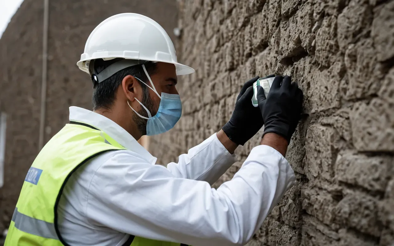 A close-up view of a professional worker in clean protective gear carefully inspecting a residential wall repair site with natural light highlighting the texture of plaster and tools neatly arranged on a wooden workbench nearby.