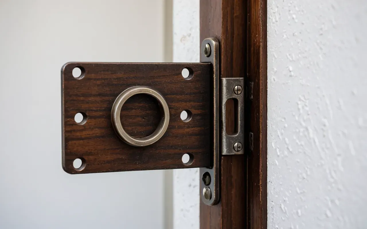 A close up view of a wooden door hinge with loose screws and visible wear on the metal plate against a white painted wall background.