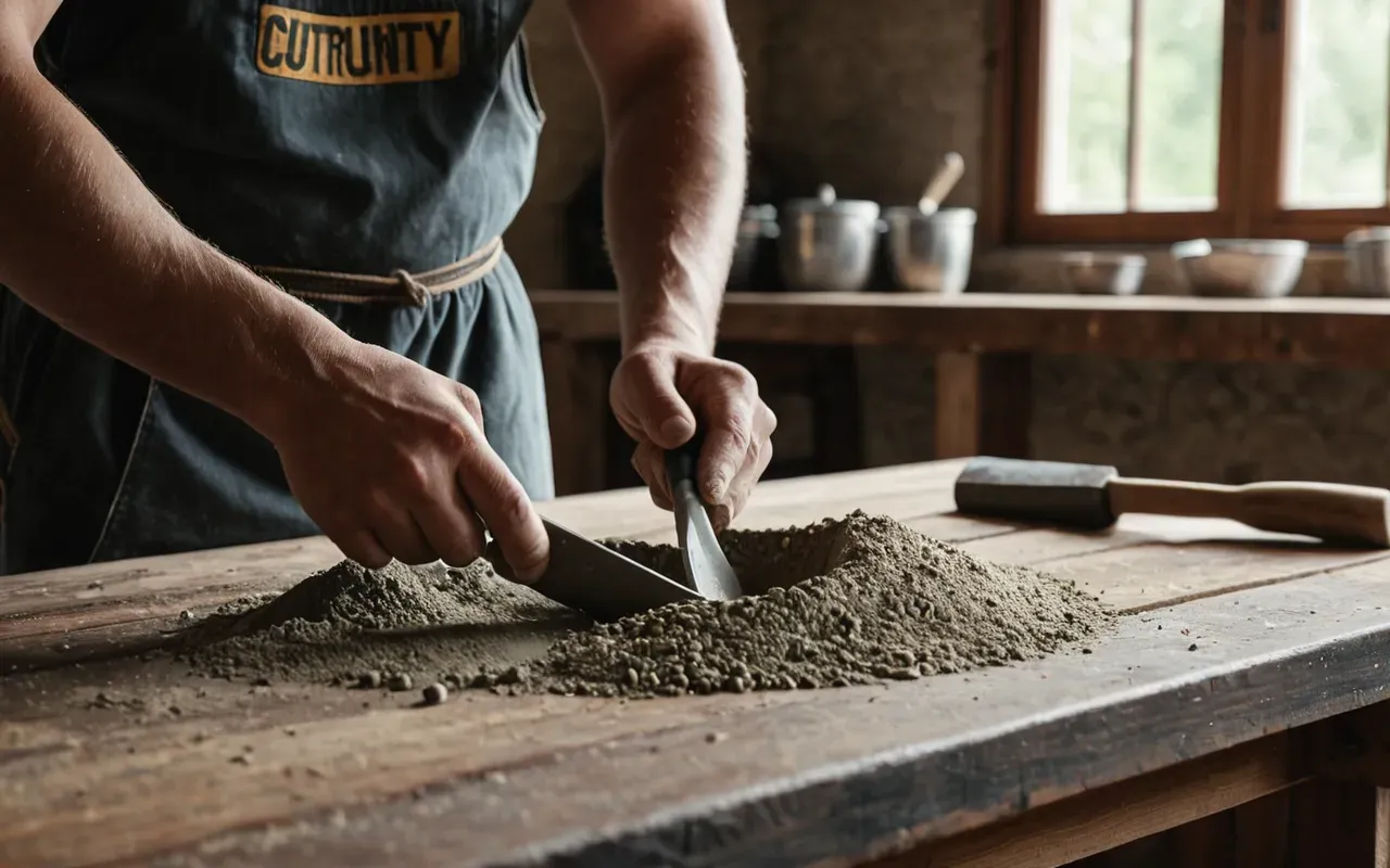 A close-up view of hands mixing mortar with a trowel on a wooden workbench, natural lighting, detailed texture of the materials.