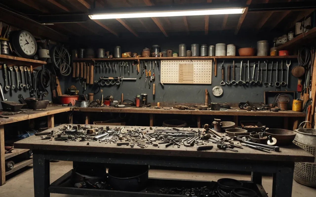 A cluttered workbench in a modern garage filled with worn out metal tools and scattered screws under warm artificial lighting showing signs of heavy use over time.