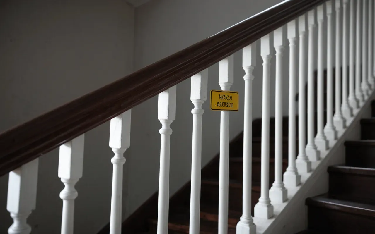 A dark wooden staircase with white railings and a hand adjusting a loose screw on the banister in a well lit room.