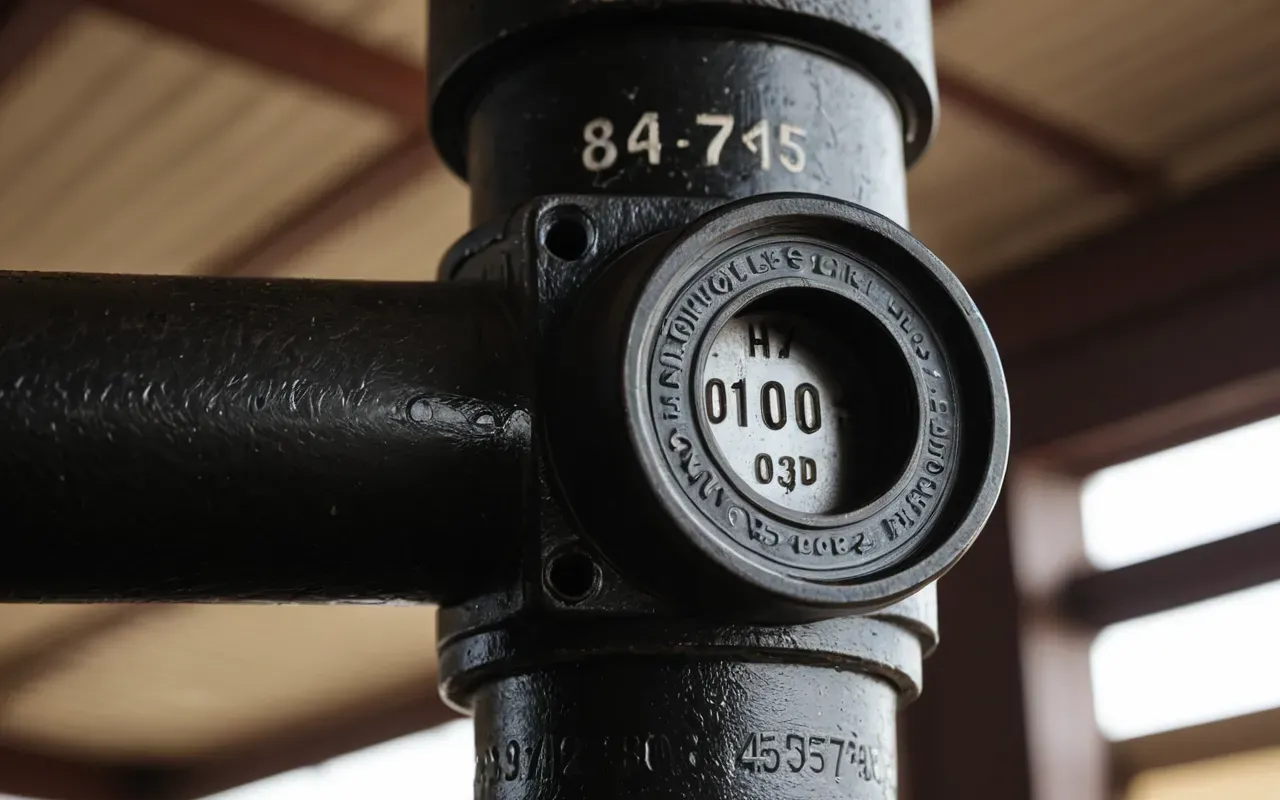 A detailed view of a pipe connection joint with visible signs of wear and slight moisture around the seal area, captured in close-up under bright indoor lighting to show technical details clearly.