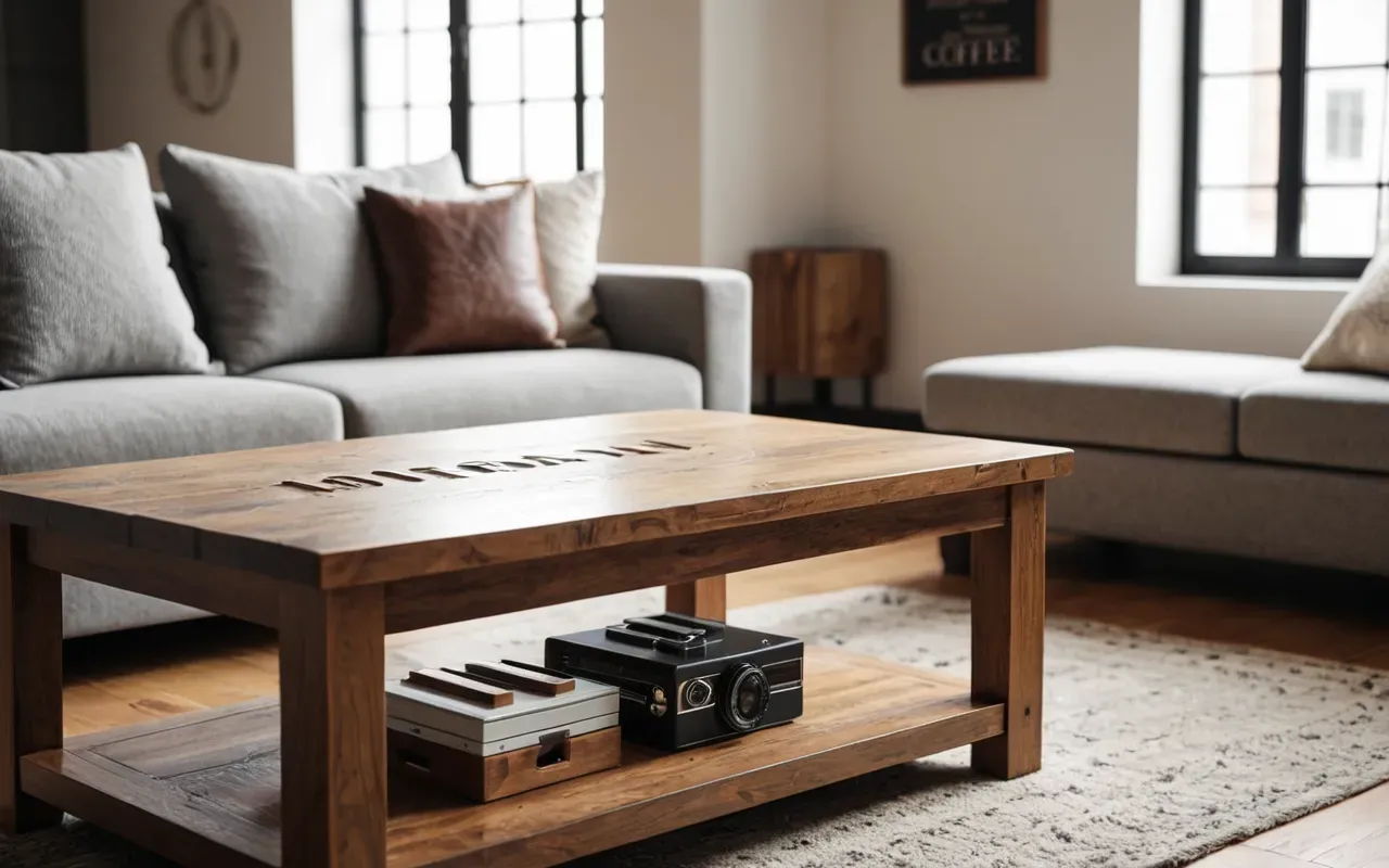 A finished wooden coffee table standing in a bright modern living room. The wood surface is polished and reflects soft sunlight coming from large windows. The mood is calm and elegant.