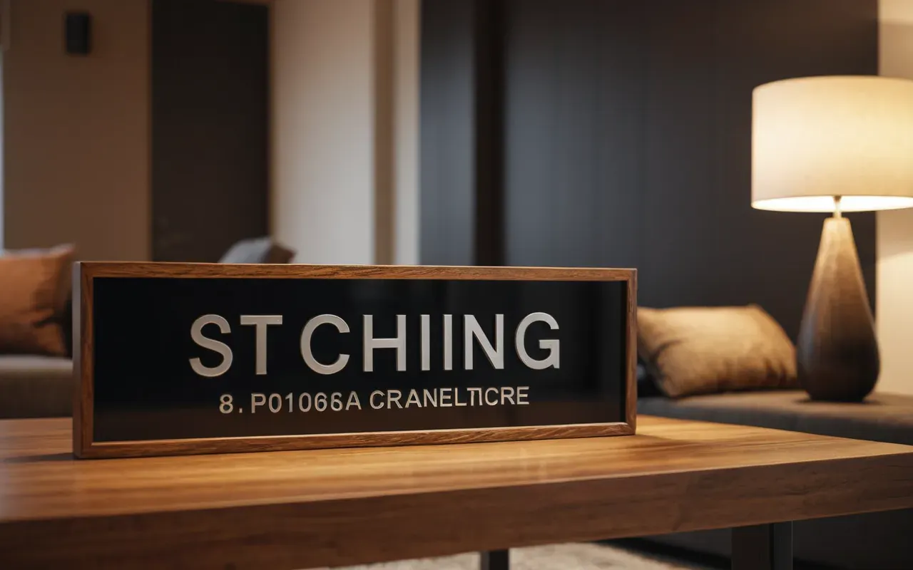 A finished wooden table with a smooth glossy surface in a modern living room setting with minimalist furniture and warm ambient lighting from floor lamps.