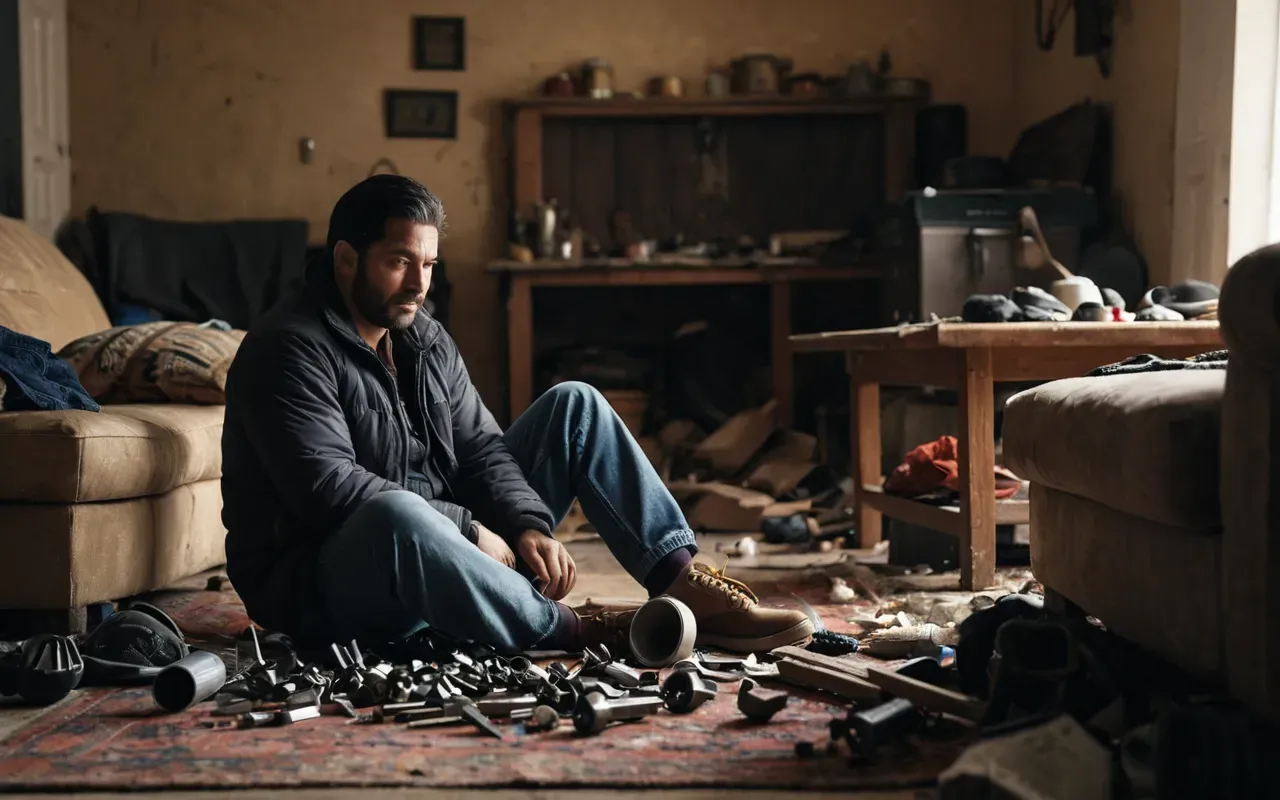 A frustrated homeowner sitting on the floor surrounded by broken furniture parts and scattered tools in a dimly lit living room.