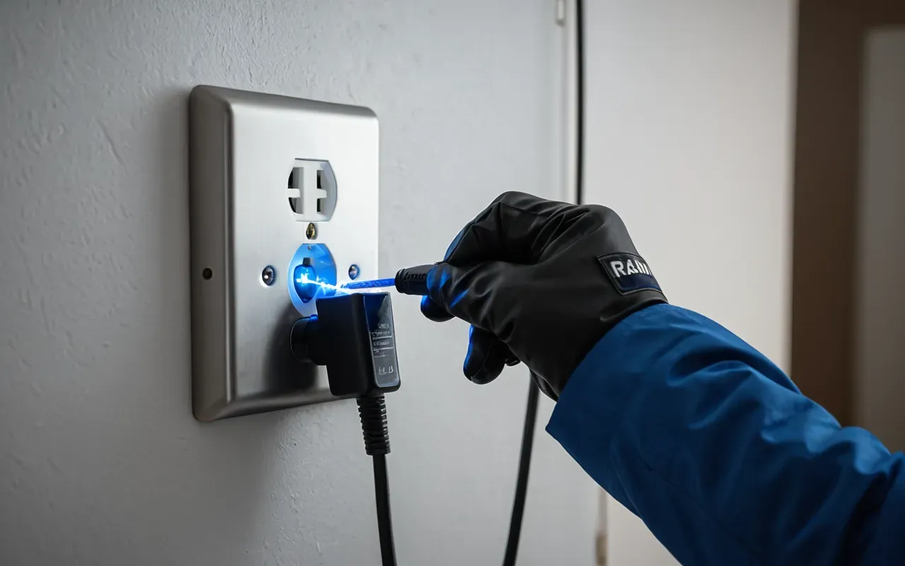 A gloved hand plugging a device into a wall socket in a modern kitchen with visible sparks and blue electrical arcs.