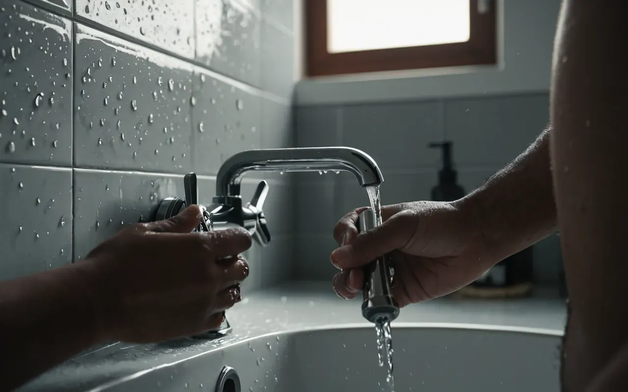 A modern bathroom with a dripping faucet over the sink. Water droplets visible in mid-air catching soft light from above. The person standing nearby holds a wrench and looks focused on fixing the leak.