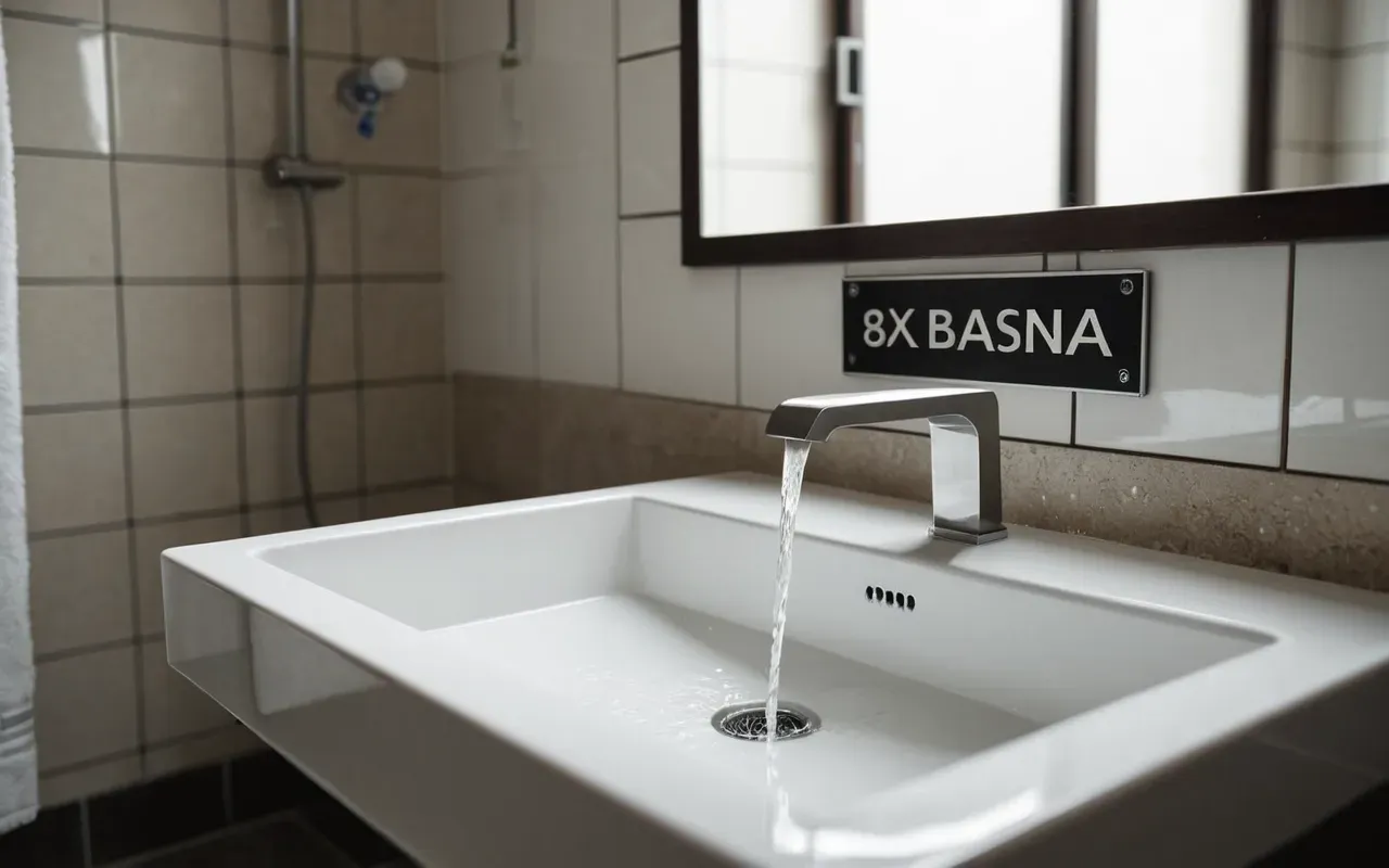 A modern bathroom with a visible water leak under the sink, soft daylight and neutral tones, clean editorial photography style without text or logos