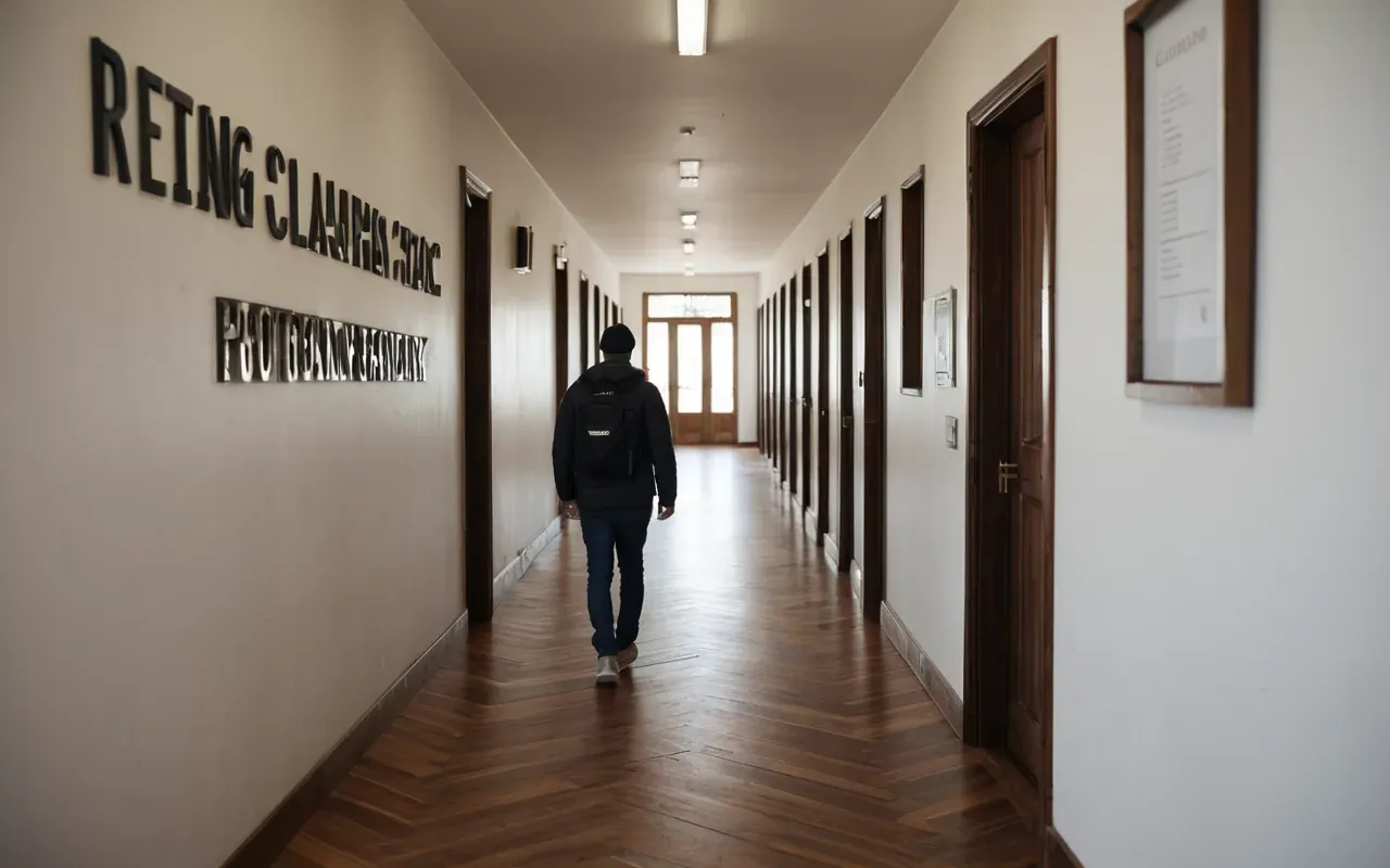 A modern hallway with wooden flooring and a person walking while looking at the baseboards for any signs of wear or damage, captured in natural daylight from an open window nearby.