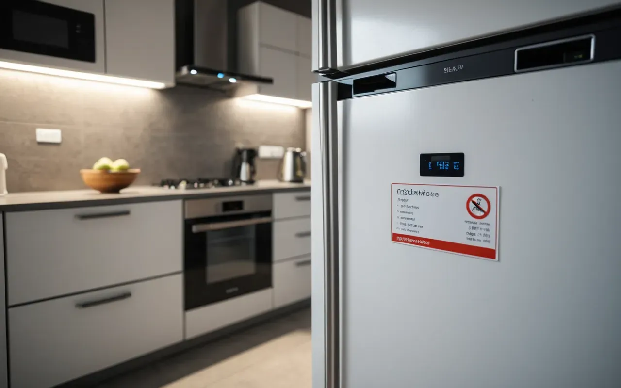 electrodomésticos modernos A modern kitchen interior with a clean white refrigerator and dishwasher showing their control panels under soft ambient lighting.