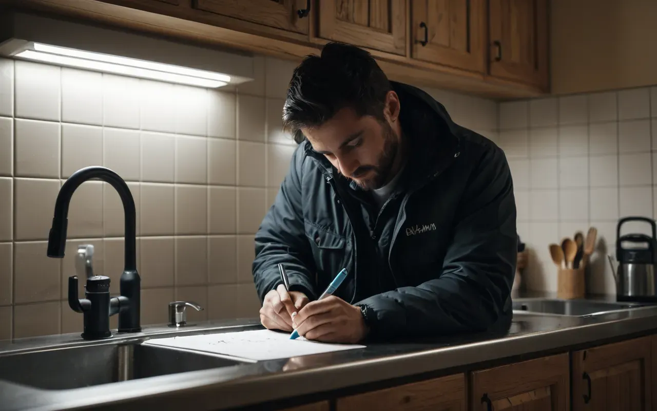A modern kitchen sink area with a small water leak under the counter. A person crouches to inspect while holding a flashlight in one hand and writing notes on paper.