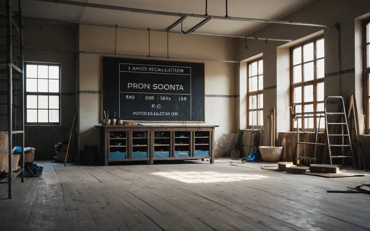 A modern living room under renovation with scaffolding and tools neatly arranged on the floor, soft morning light coming through windows.
