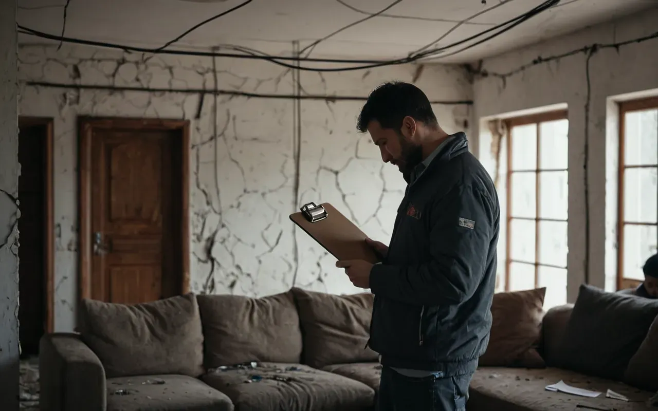 A modern living room with a broken wall unit showing exposed wiring and damaged panels. A person stands nearby holding a clipboard but not writing anything. The lighting is dim to suggest uncertainty.