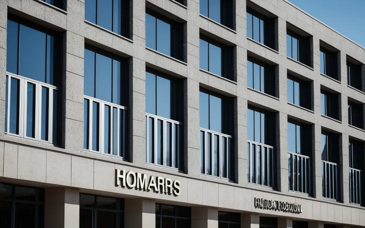 A modern residential building exterior with multiple windows reflecting a clear blue sky during the day.